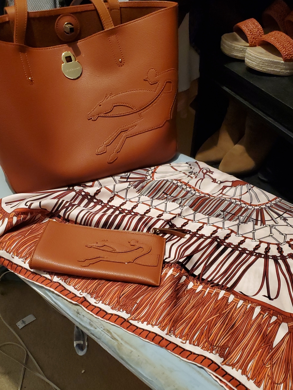 Longchamp Cognac Leather Tote with Matching Wallet and Stitched Horse Motif